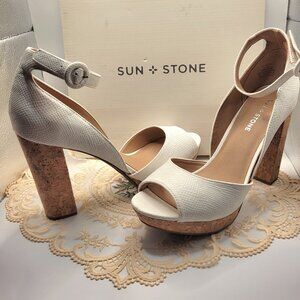 Sun Stone White Snake Cork 9.5M Platform HIgh Heel Sandal